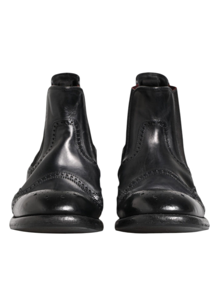 Dolce &amp; Gabbana Black Leather Ankle Boots Slip On Shoes