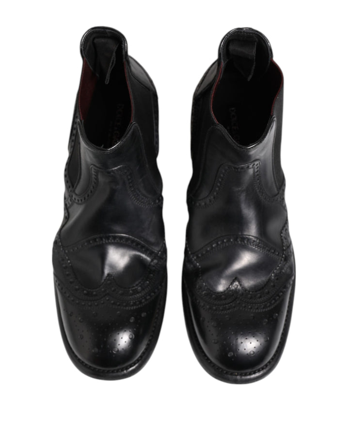 Dolce &amp; Gabbana Black Leather Ankle Boots Slip On Shoes