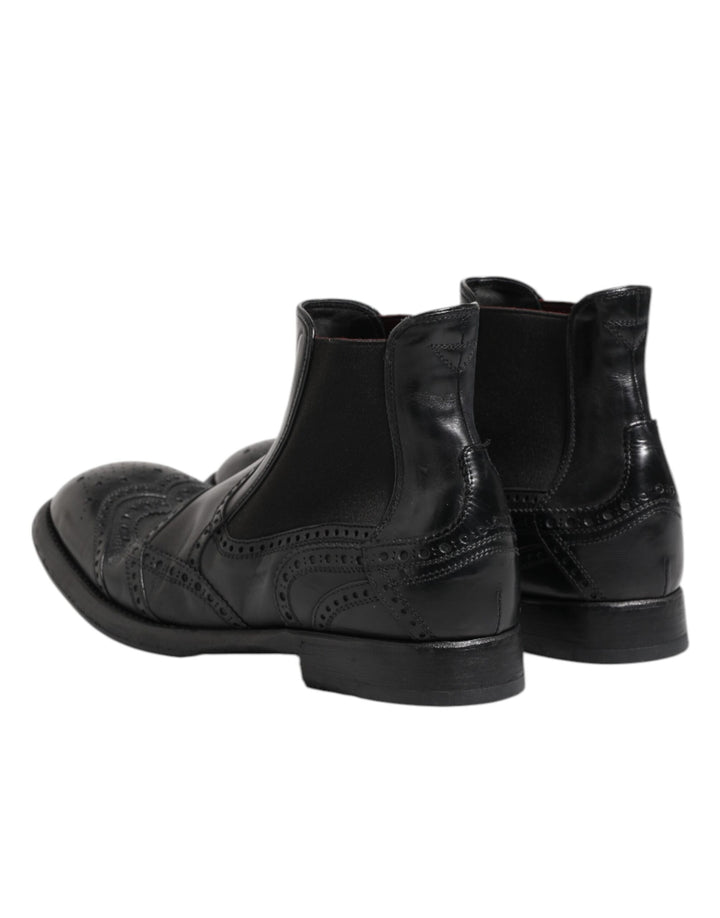 Dolce &amp; Gabbana Black Leather Ankle Boots Slip On Shoes