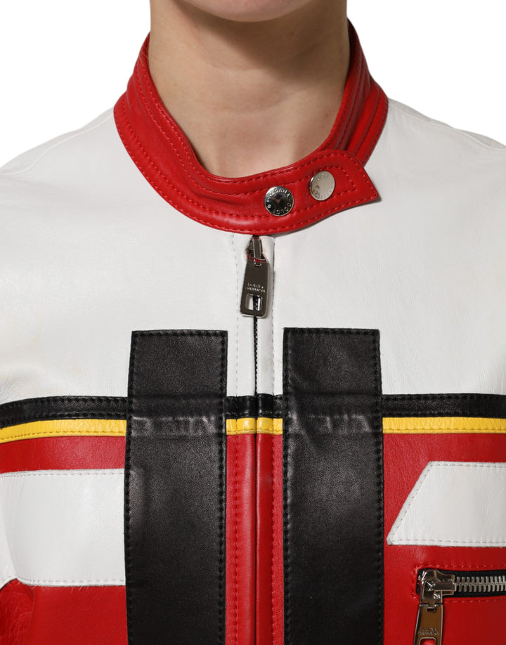 Dolce &amp; Gabbana Multicolor Leather Biker Full Zip Coat Jacket