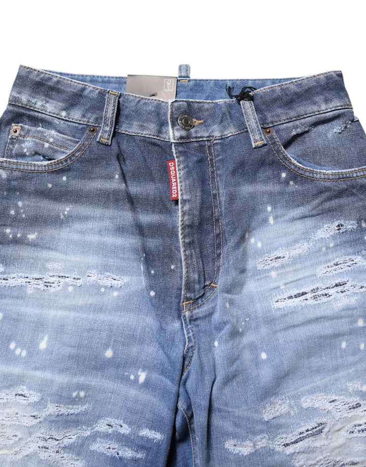 Dsquared² Blue Tattered Cotton Mid Waist Straight Denim Jeans