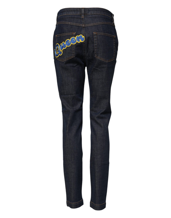 Dolce &amp; Gabbana Blue Queen Patch AUDREY Mid Waist Denim Jeans