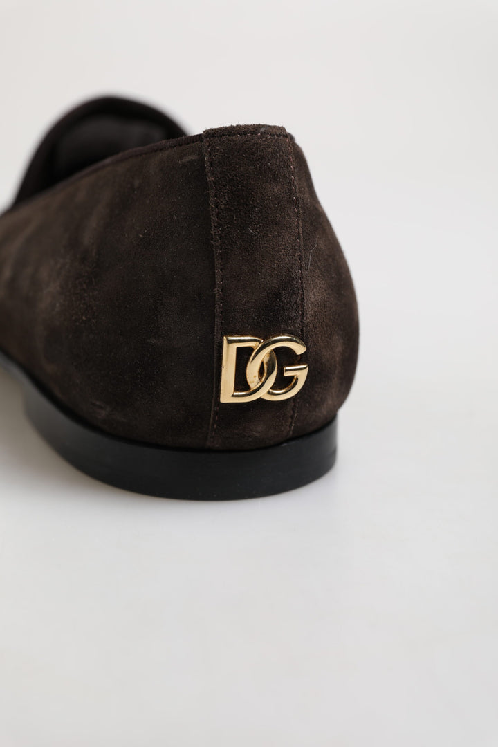 Dolce &amp; Gabbana Brown Velvet Leather Slip On Loafers Shoes