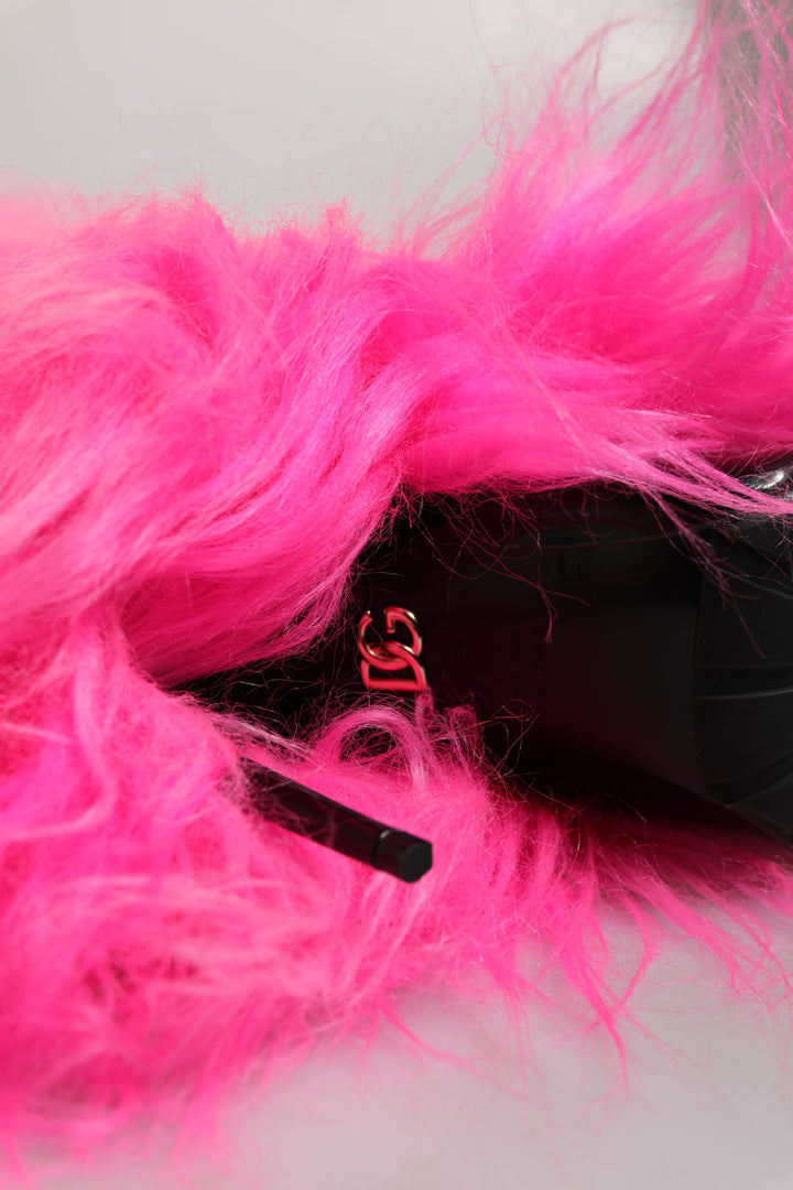 Dolce &amp; Gabbana Pink Faux Fur Leather High Heels Boots Shoes