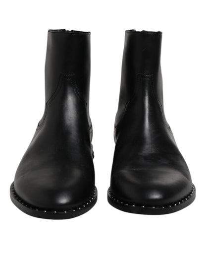 Dolce & Gabbana Black Leather Logo Ankle Boots Studded Shoes