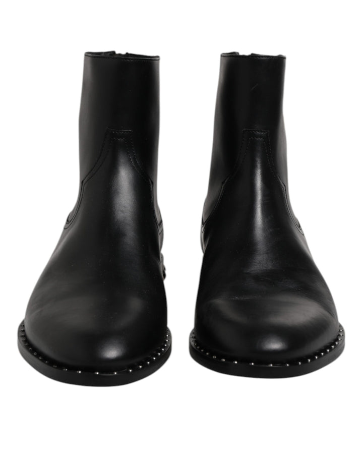 Dolce &amp; Gabbana Black Leather Logo Ankle Boots Studded Shoes