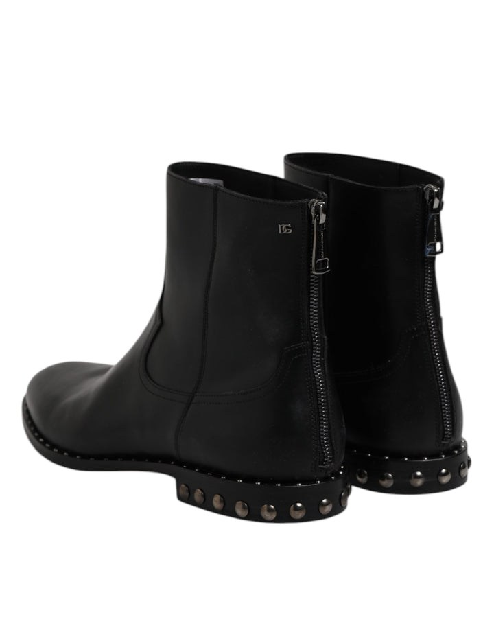 Dolce &amp; Gabbana Black Leather Logo Ankle Boots Studded Shoes