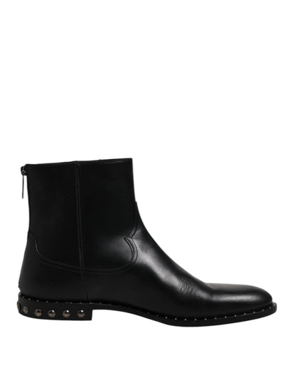 Dolce & Gabbana Black Leather Logo Ankle Boots Studded Shoes