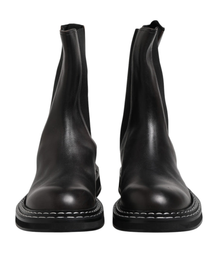 Dolce &amp; Gabbana Black Leather Mid Calf Boots Flats Shoes