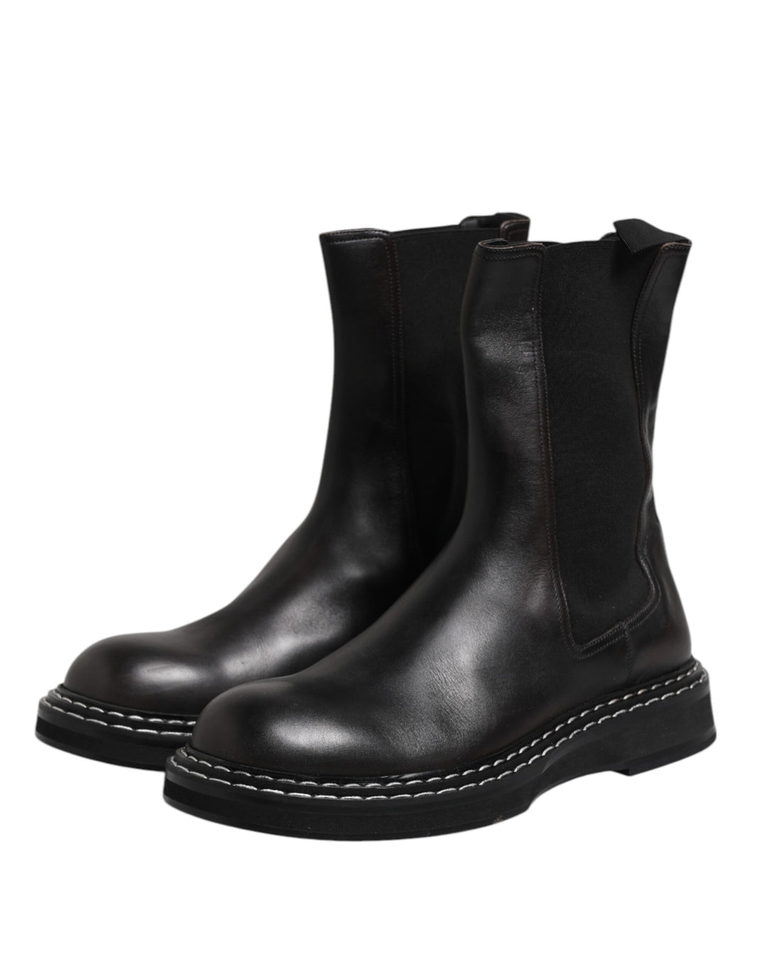 Dolce &amp; Gabbana Black Leather Mid Calf Boots Flats Shoes