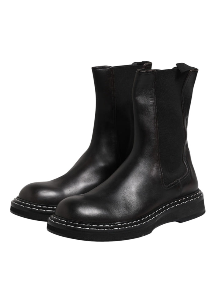 Dolce &amp; Gabbana Black Leather Mid Calf Boots Flats Shoes