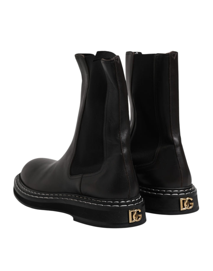 Dolce &amp; Gabbana Black Leather Mid Calf Boots Flats Shoes