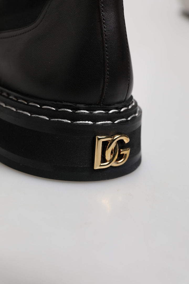 Dolce &amp; Gabbana Black Leather Mid Calf Boots Flats Shoes