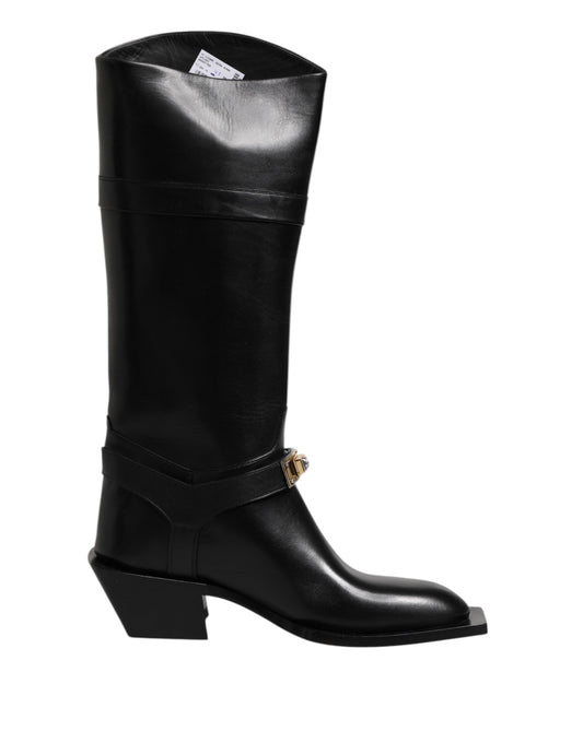 Dolce & Gabbana Black Leather High Boots Flats Shoes