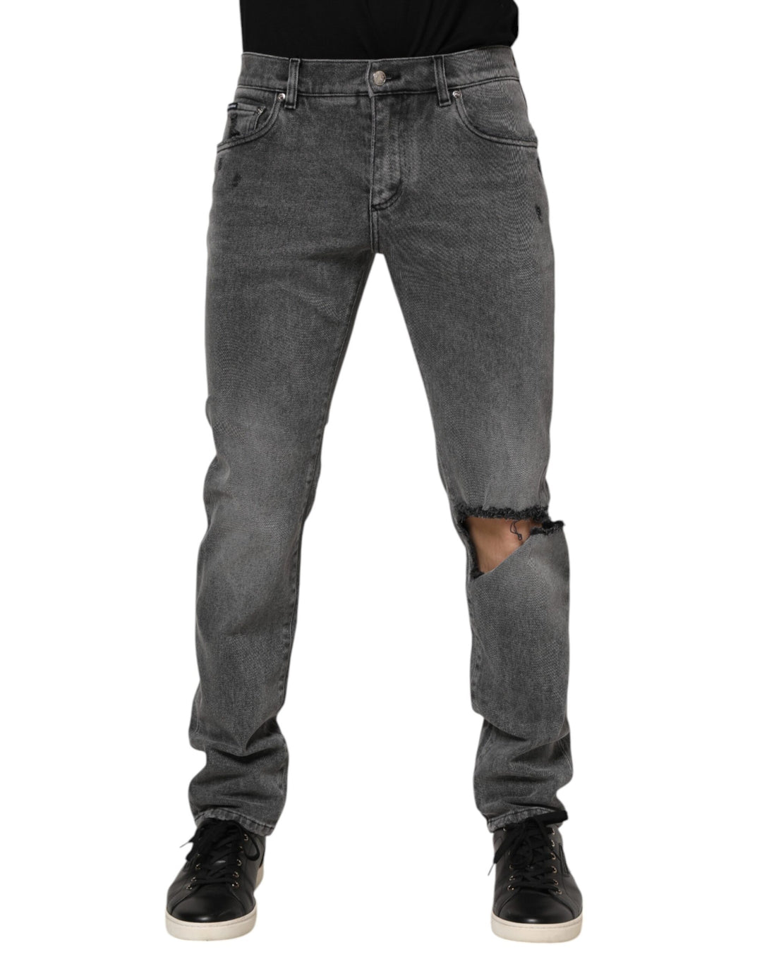 Dolce &amp; Gabbana Gray Cotton Logo Plaque Denim Jeans
