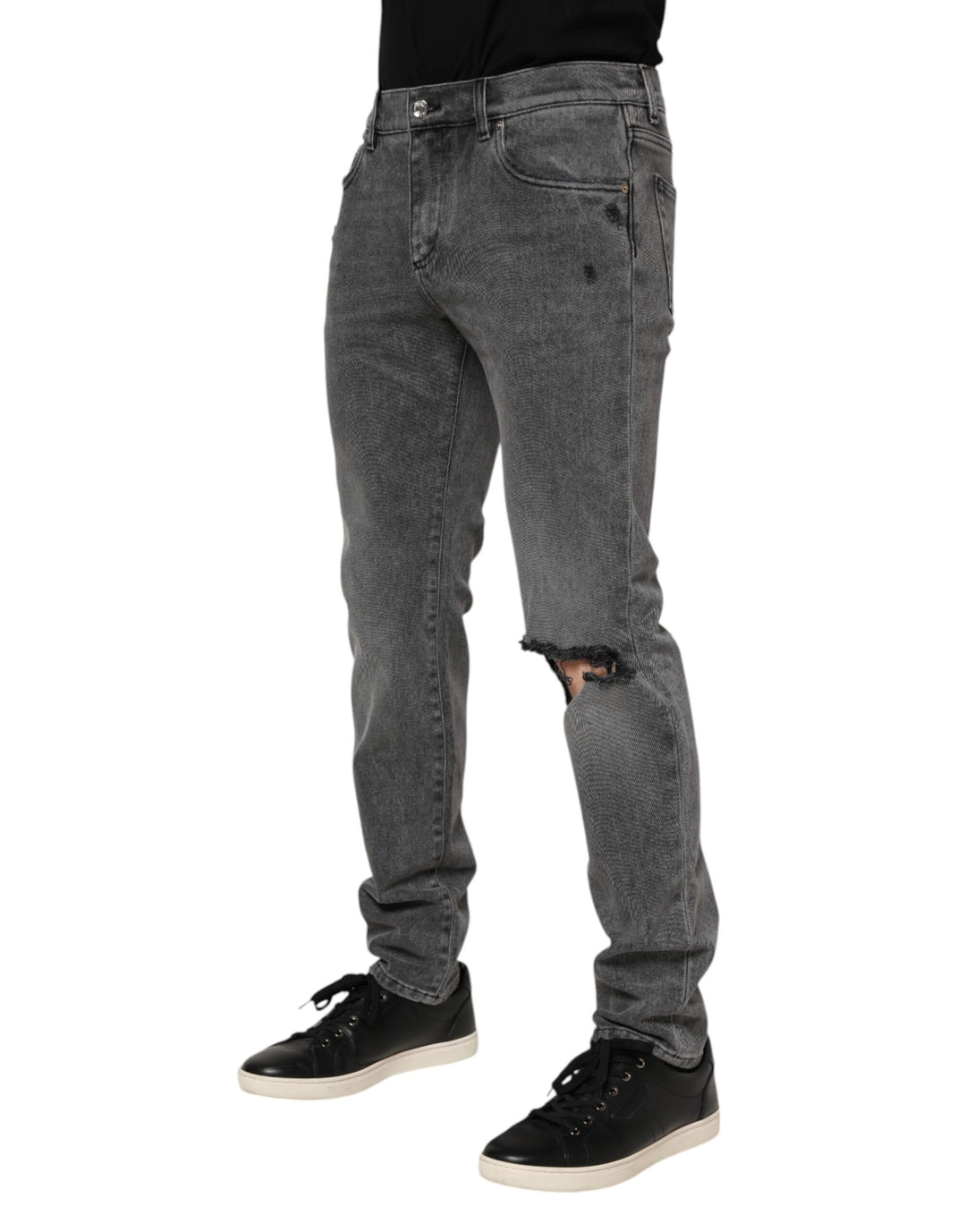 Dolce &amp; Gabbana Gray Cotton Logo Plaque Denim Jeans