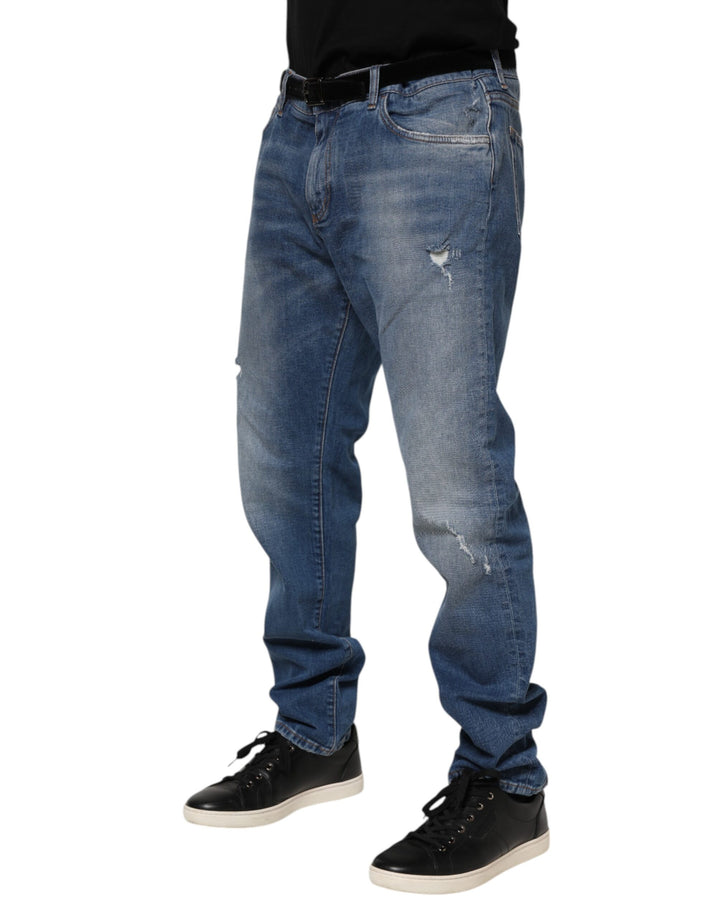 Dolce &amp; Gabbana Blue Washed Cotton Logo Plaque Denim Jeans