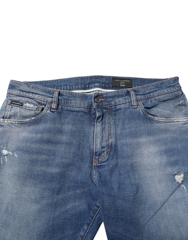 Dolce &amp; Gabbana Blue Washed Cotton Logo Plaque Denim Jeans