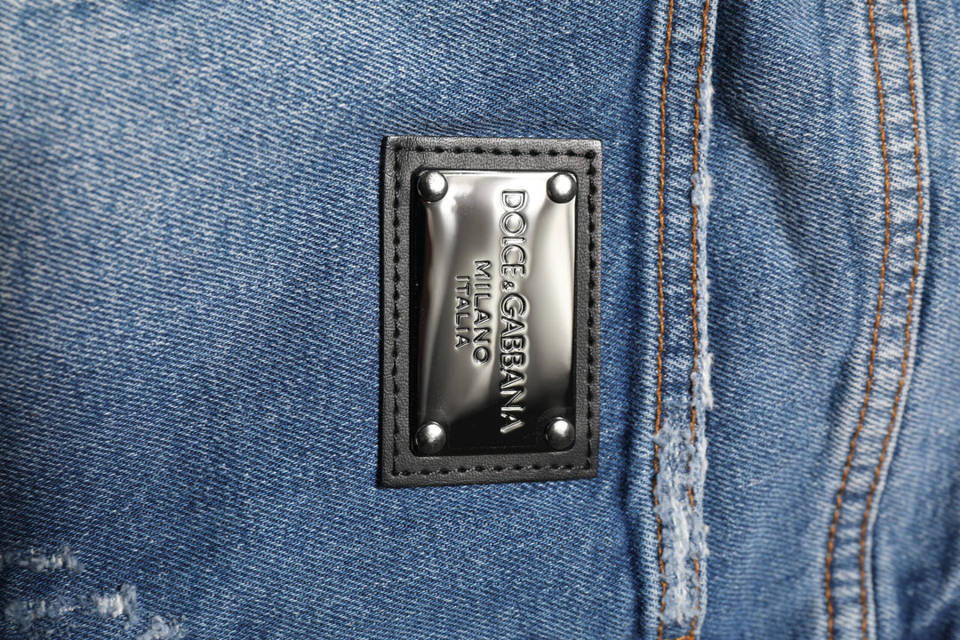 Dolce &amp; Gabbana Blue Washed Cotton Logo Plaque Denim Jeans