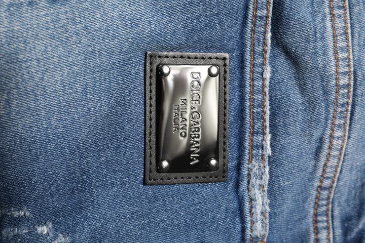 Dolce &amp; Gabbana Blue Washed Cotton Logo Plaque Denim Jeans