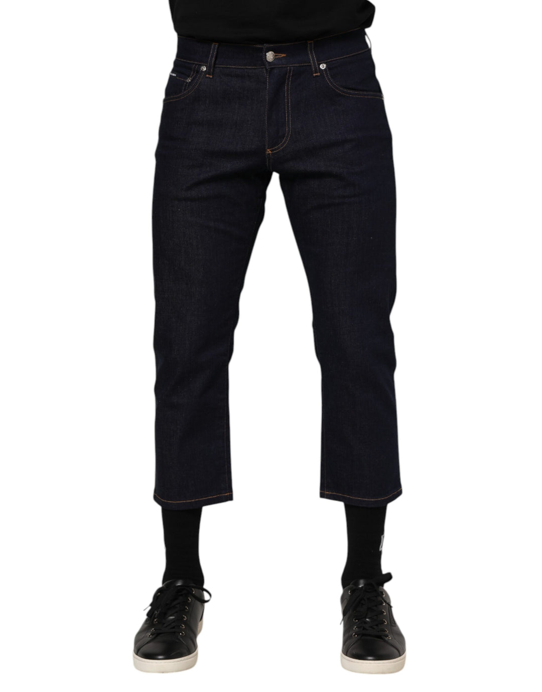Dolce &amp; Gabbana Dark Blue Cotton Logo Slim Fit Men Denim Jeans