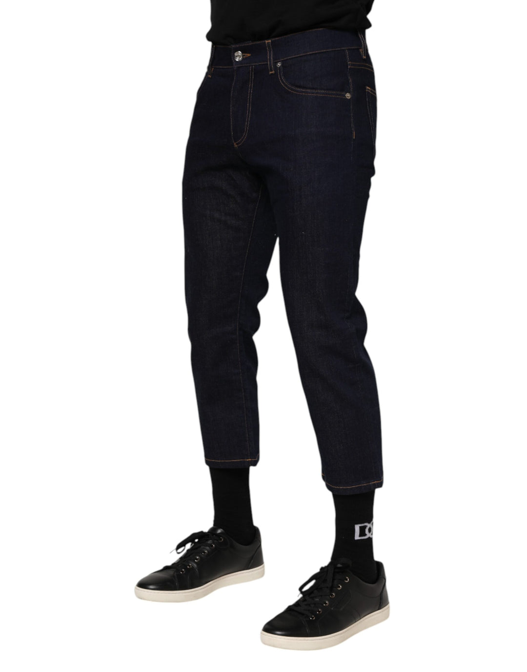 Dolce &amp; Gabbana Dark Blue Cotton Logo Slim Fit Men Denim Jeans