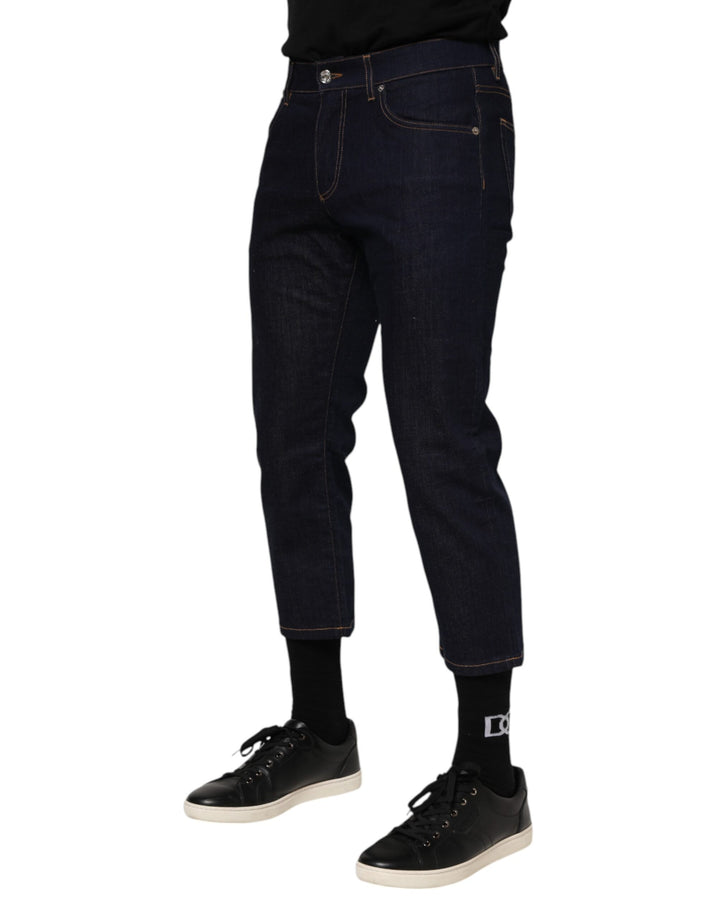 Dolce &amp; Gabbana Dark Blue Cotton Logo Slim Fit Men Denim Jeans