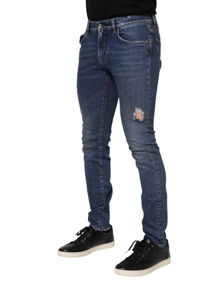 Dolce &amp; Gabbana Blue Cotton Logo Plaque Skinny Men Denim Jeans