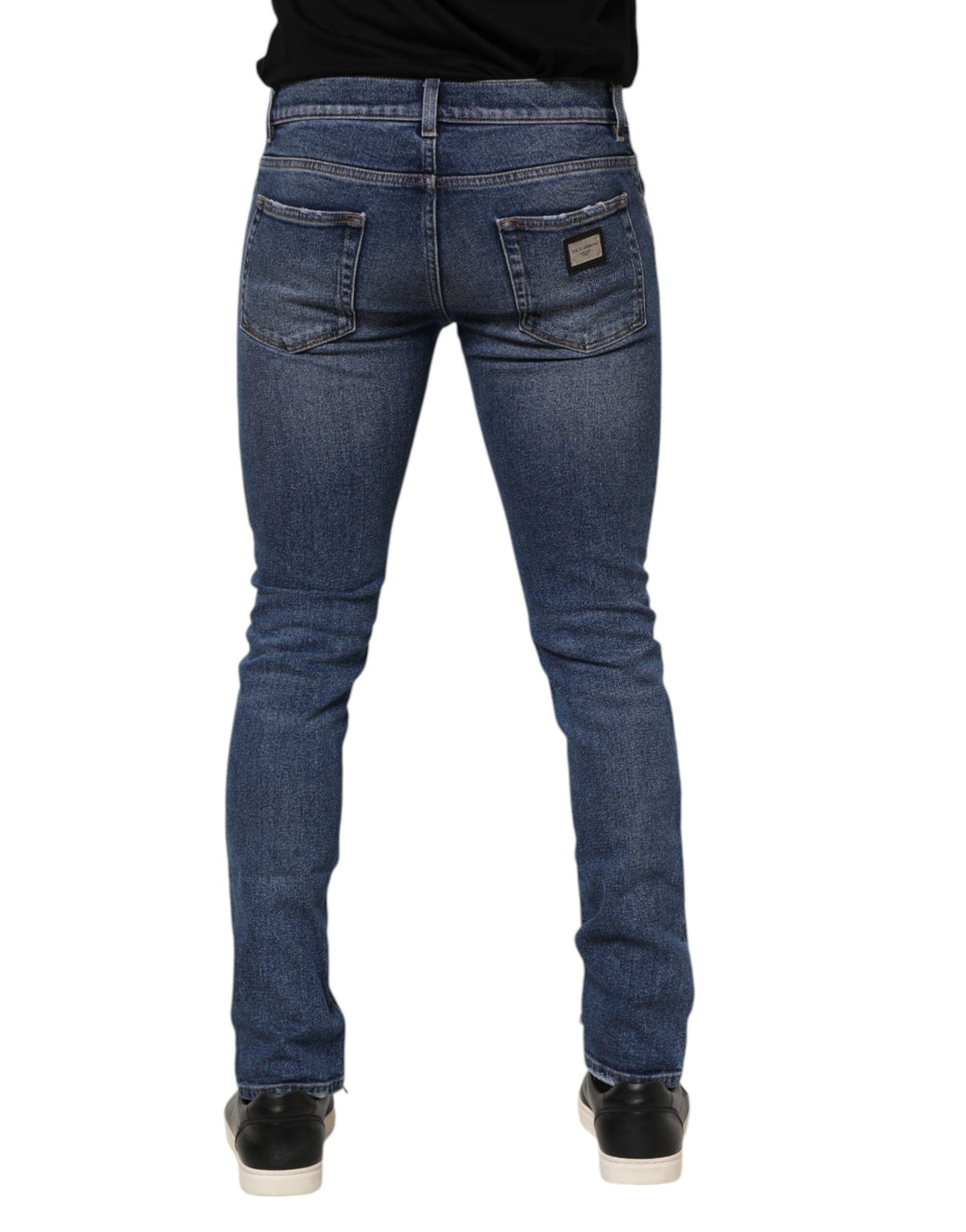 Dolce &amp; Gabbana Blue Cotton Logo Plaque Skinny Men Denim Jeans