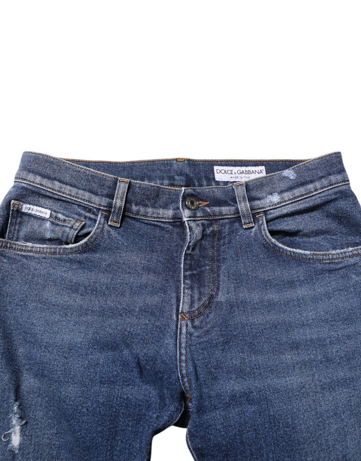 Dolce &amp; Gabbana Blue Cotton Logo Plaque Skinny Men Denim Jeans