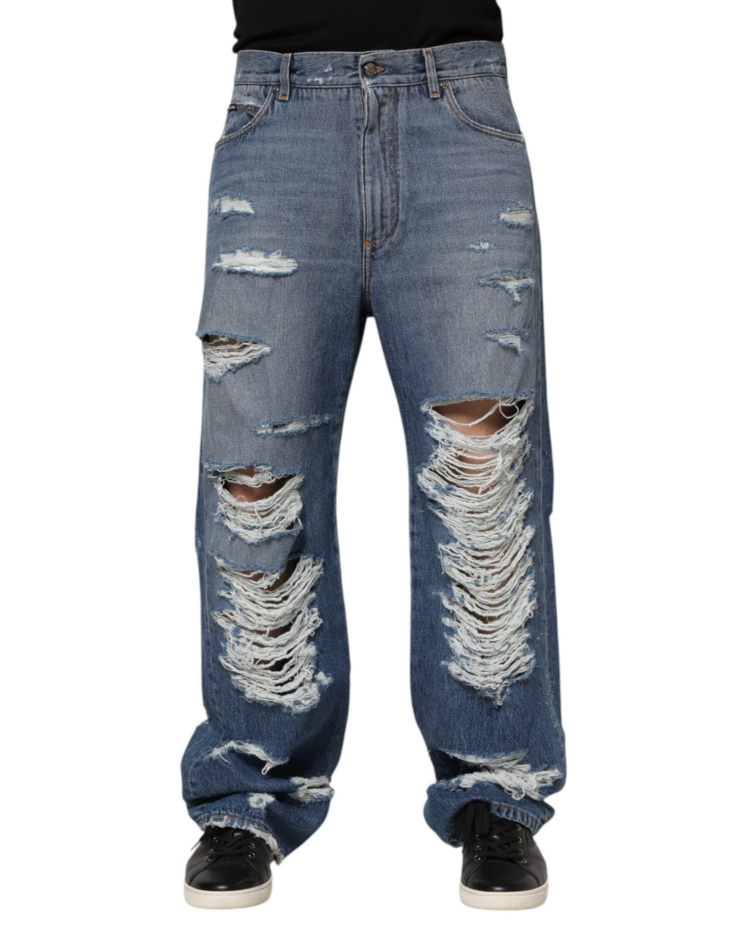 Dolce &amp; Gabbana Blue Tattered Cotton Logo Plaque Denim Jeans