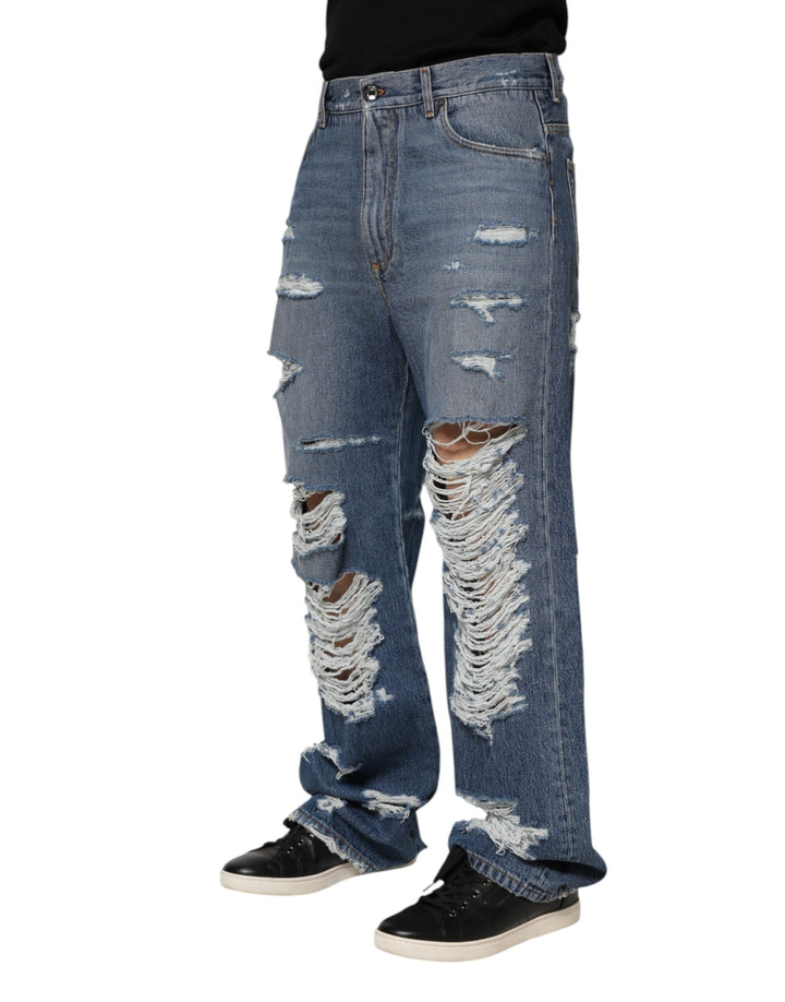 Dolce &amp; Gabbana Blue Tattered Cotton Logo Plaque Denim Jeans