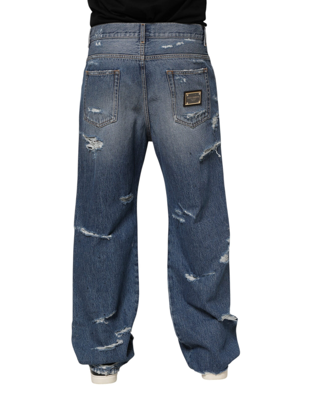 Dolce &amp; Gabbana Blue Tattered Cotton Logo Plaque Denim Jeans