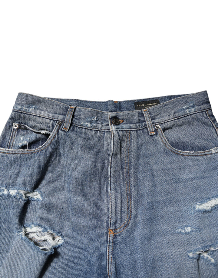 Dolce &amp; Gabbana Blue Tattered Cotton Logo Plaque Denim Jeans