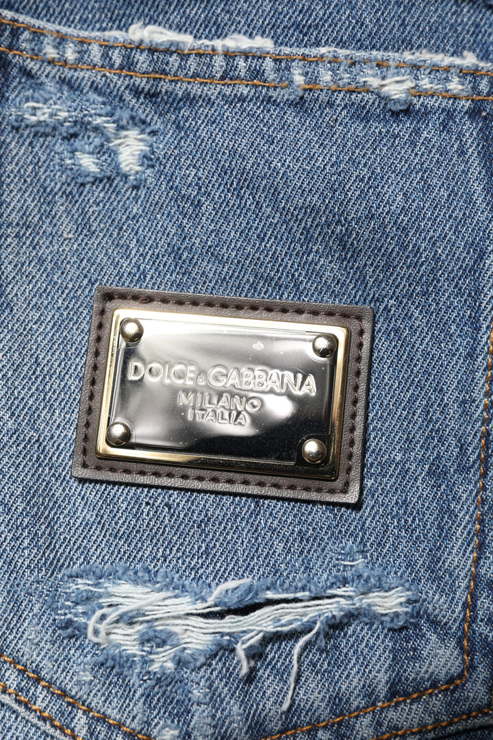 Dolce &amp; Gabbana Blue Tattered Cotton Logo Plaque Denim Jeans