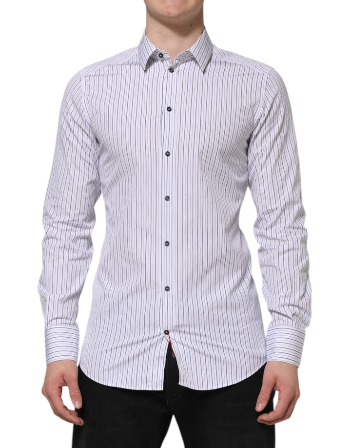 Dolce &amp; Gabbana White Blue Striped Cotton GOLD Formal Shirt