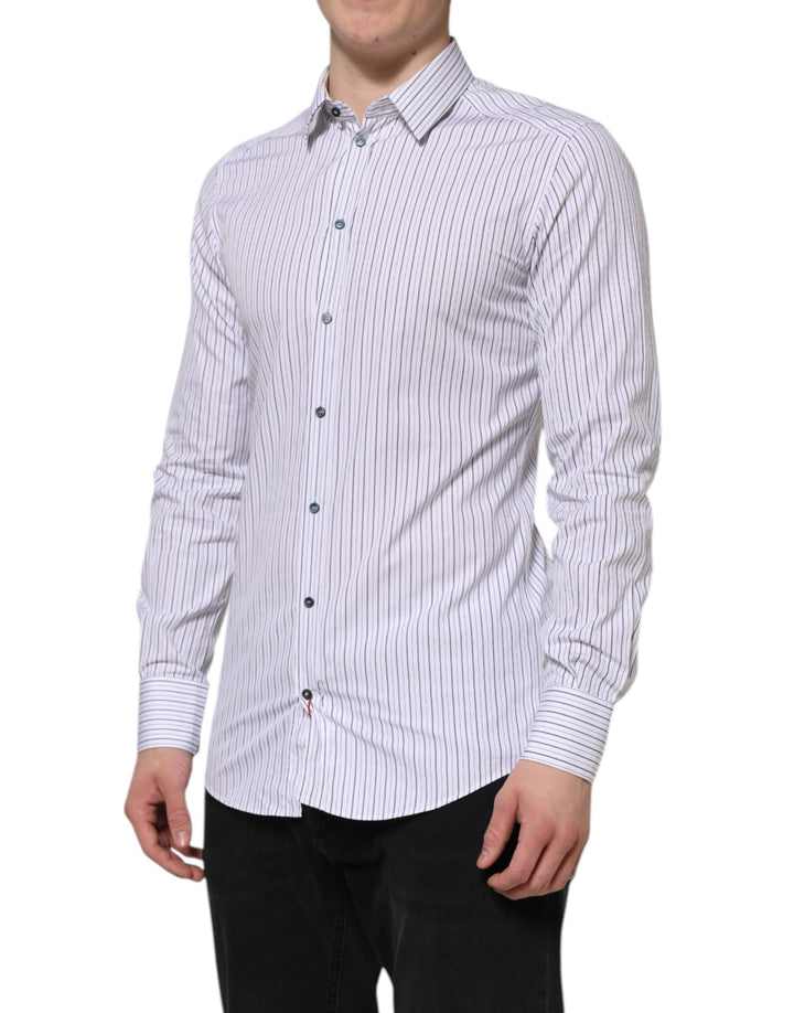 Dolce &amp; Gabbana White Blue Striped Cotton GOLD Formal Shirt