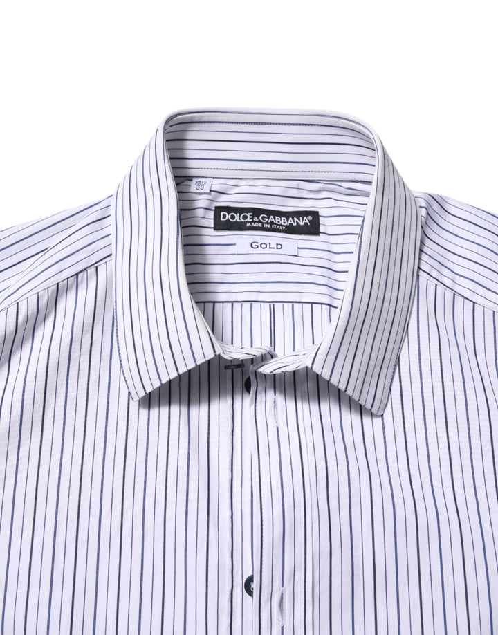 Dolce &amp; Gabbana White Blue Striped Cotton GOLD Formal Shirt