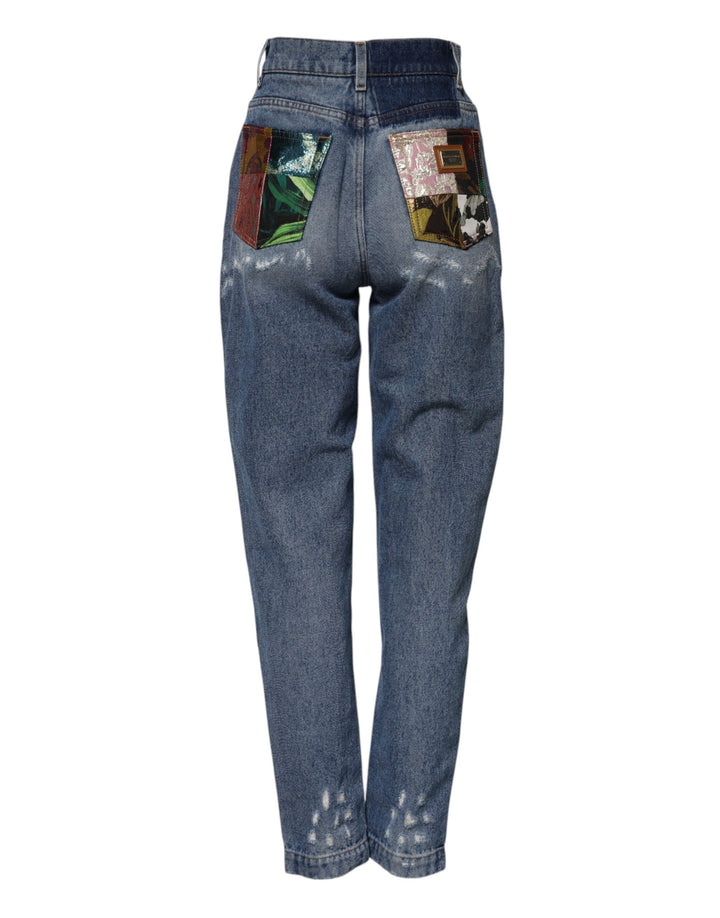 Dolce &amp; Gabbana Blue Cotton Tattered High Waist Denim Jeans