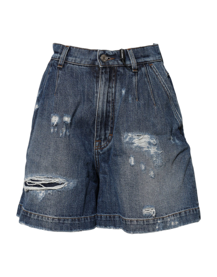 Dolce &amp; Gabbana Blue Cotton Tattered Denim Bermuda Shorts