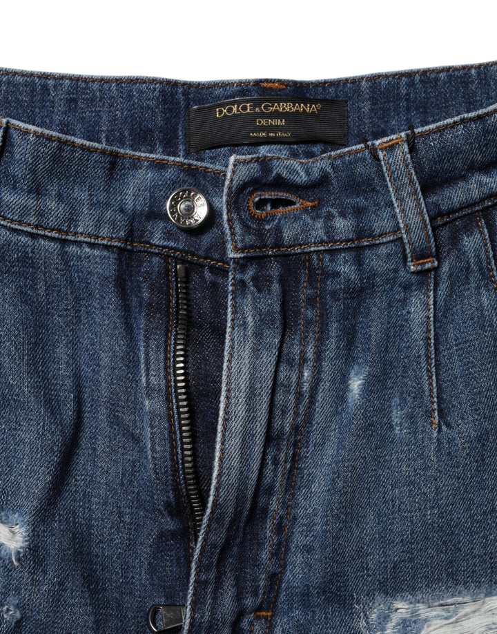 Dolce &amp; Gabbana Blue Cotton Tattered Denim Bermuda Shorts