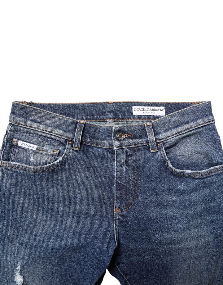 Dolce &amp; Gabbana Blue Washed Skinny Cotton Tattered Denim Jeans
