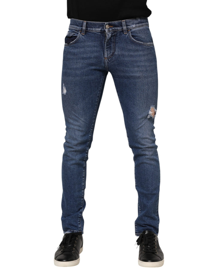 Dolce &amp; Gabbana Blue Washed Skinny Cotton Tattered Denim Jeans