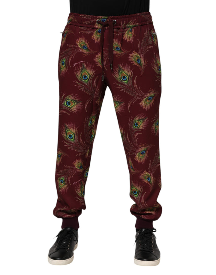 Dolce &amp; Gabbana Burgundy Peacock Feather Print Jogger Pants