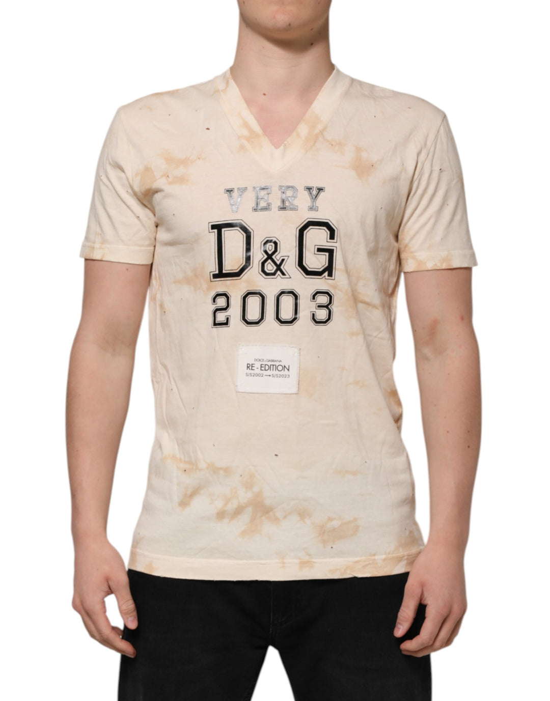 Dolce &amp; Gabbana Beige Logo Print Short Sleeve V-neck T-shirt