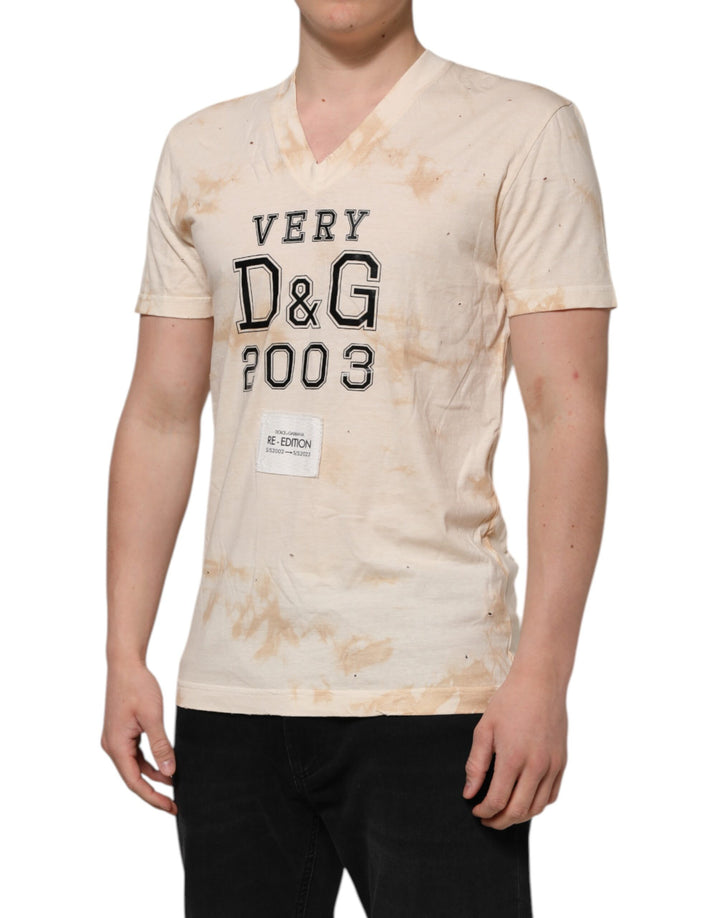 Dolce &amp; Gabbana Beige Logo Print Short Sleeve V-neck T-shirt