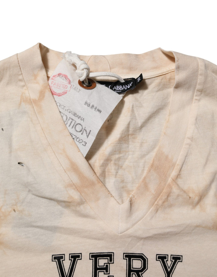 Dolce &amp; Gabbana Beige Logo Print Short Sleeve V-neck T-shirt