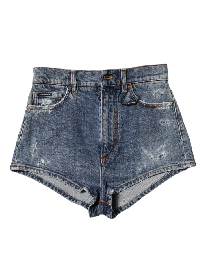 Dolce &amp; Gabbana Blue Tattered Denim Cotton Hot Pants Shorts