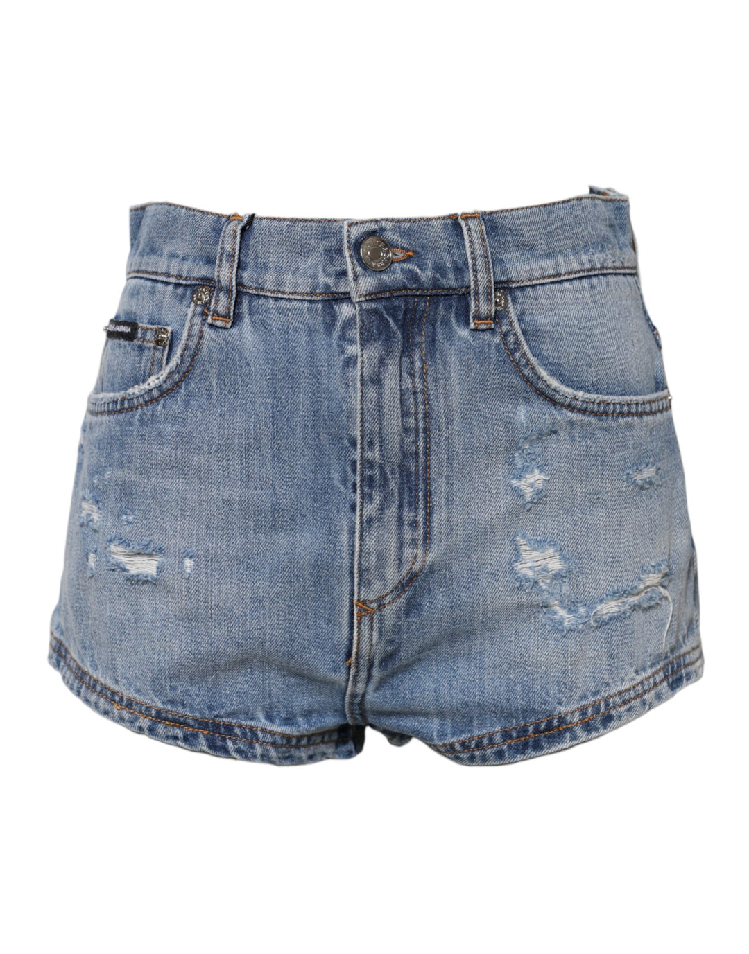 Dolce &amp; Gabbana Blue Logo Plaque Denim Cotton Hot Pants Shorts