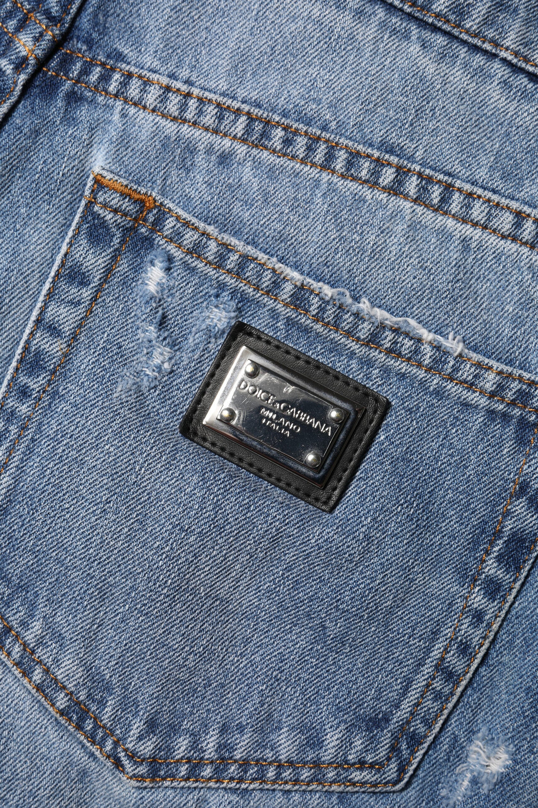 Dolce &amp; Gabbana Blue Logo Plaque Denim Cotton Hot Pants Shorts